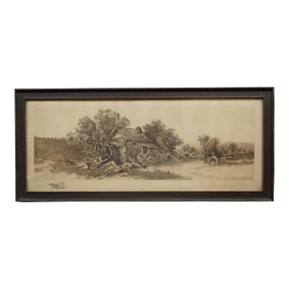 Antique Alfred Hopkins Old Millhouse Water Mill Panoramic Riverscape Etching 25" For Sale