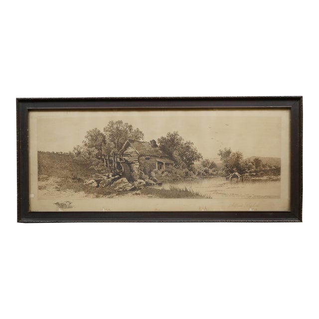 Antique Alfred Hopkins Old Millhouse Water Mill Panoramic Riverscape Etching 25" For Sale