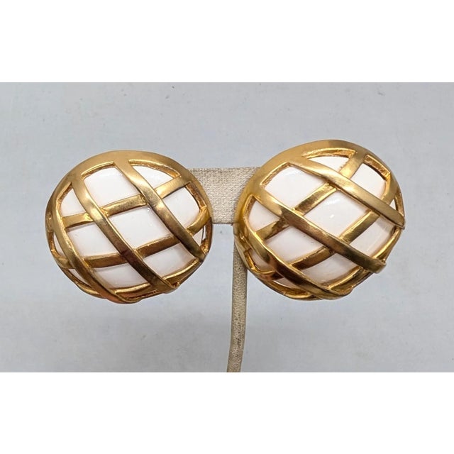 Modern Vintage Signed Ugo Correani Italy Goldtone Round Domed White Cabochon Caged Clip Earrings-2 Pieces For Sale - Image 3 of 7