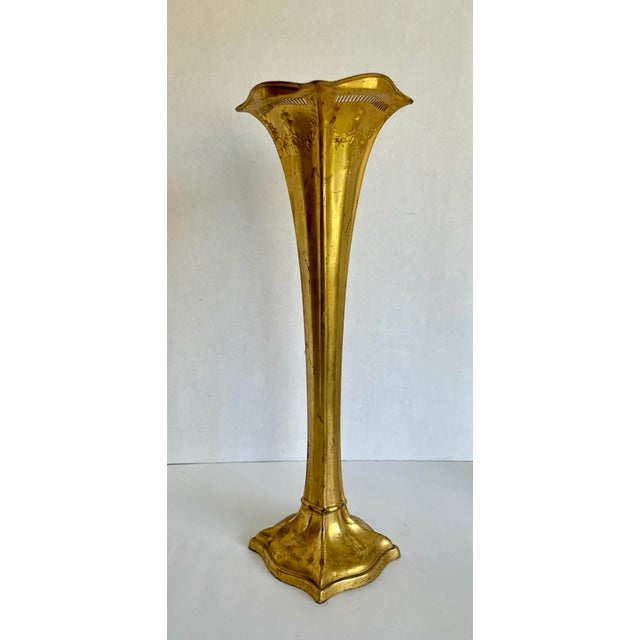 Gold Antique Art Nouveau Gilt Metal Trumpet Altar Vase With Floral Relief For Sale - Image 8 of 14