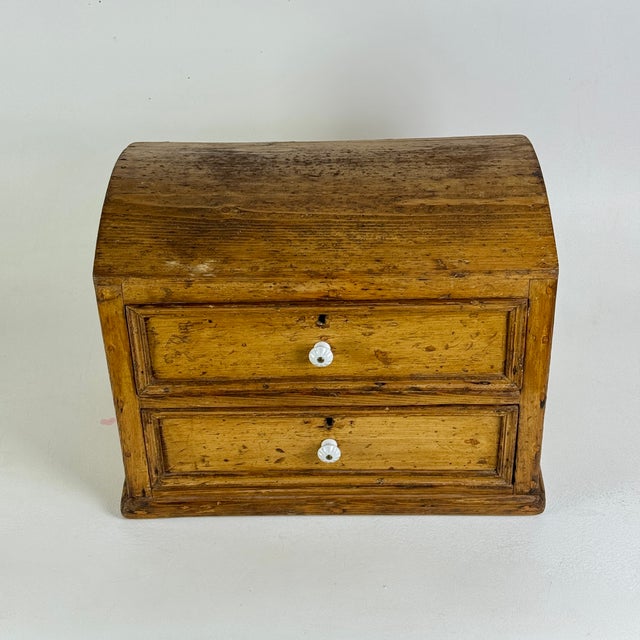 American Antique Wooden Two Drawer Tabletop Cabinet With Dome Treasure Chest Top in Golden Brown For Sale - Image 3 of 16