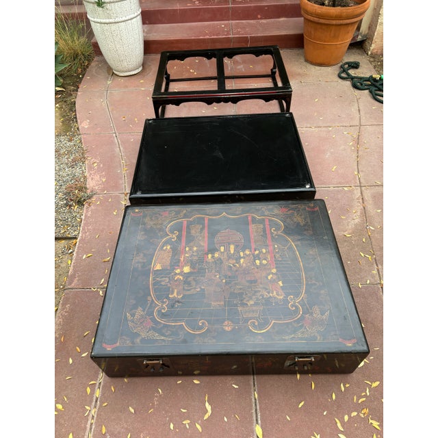 Early 1900s Chinoiserie Black Lacquer Trunk / Coffee Table on Two Stands For Sale - Image 12 of 12
