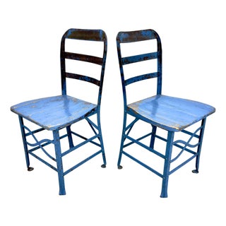 Antique Industrial Steel & Oak Chairs by Angle Steel Stool Co / K M Supply Company in Vivid Blue For Sale