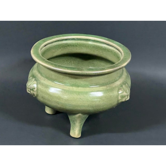 Chinese Late 20th Century Chinese Art Porcelain Celadon Tripod Incense Burner For Sale - Image 3 of 10