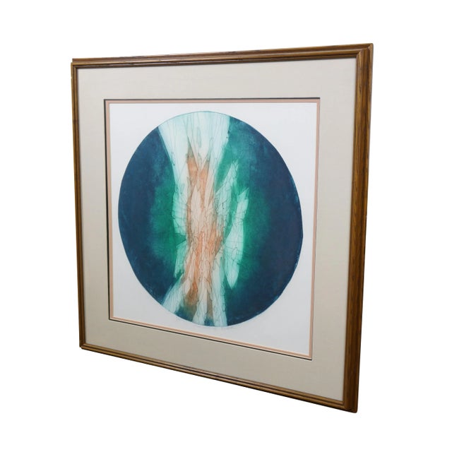Late 20th century abstract circular serigraph print titled Moonburst III by Ruth Rodman. Circular abstract design in...