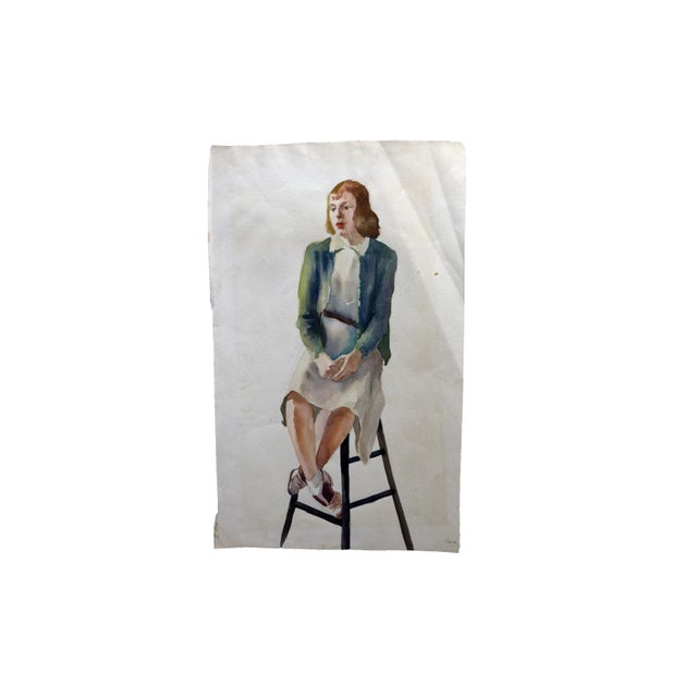 Fabulous original watercolor painting of a woman on paper. Vintage 1940s, this piece has some discoloration consistent...