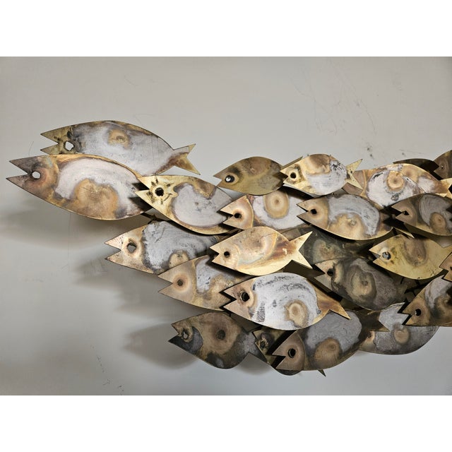 1960s Vintage Signed "C Jere' 68" Brutalist Brass "School of Fish" Wall Sculpture For Sale - Image 5 of 7