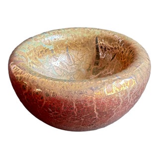 Vintage Art Glass Bowl Iridescent Crackle Red Gold Barovier Style Votive Holder For Sale