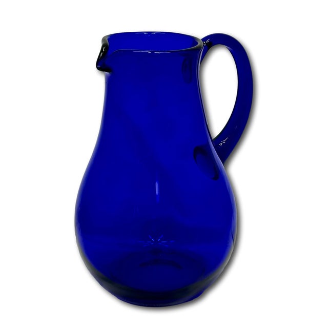 Blue Stunning Vintage Retro Art Deco Deep Cobalt Blue Hand Blown Art Glass Pitcher - Circa Mid 20th Century For Sale - Image 8 of 18