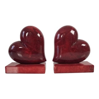 Italian Red Alabaster Heart Shape Bookends - a Pair For Sale