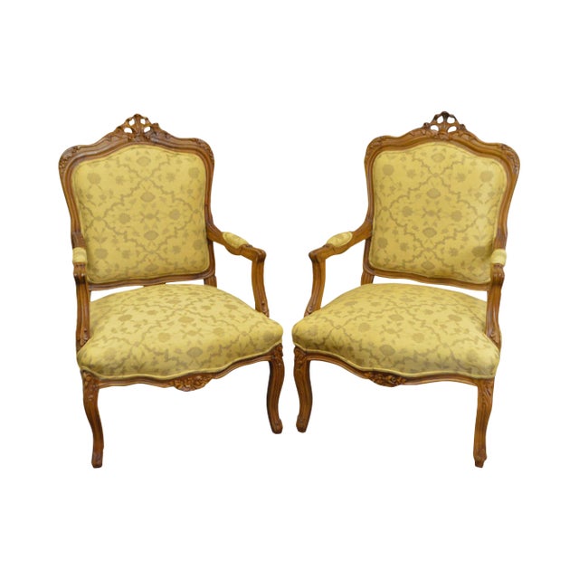 Custom Upholstered Solid Walnut Louis XV Style Arm Chairs - a Pair For Sale