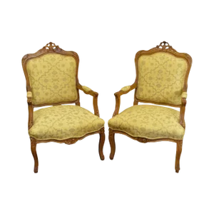 Custom Upholstered Solid Walnut Louis XV Style Arm Chairs - a Pair