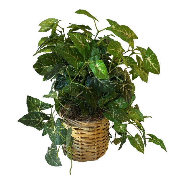 Vintage Basket Planter With Faux Plant For Sale