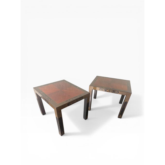 Chinoiserie 1980s Drexel Heritage Chinoiserie Parsons Side Tables, Pair – Lacquered With Gilt Asian Motif Inlay For Sale - Image 3 of 14