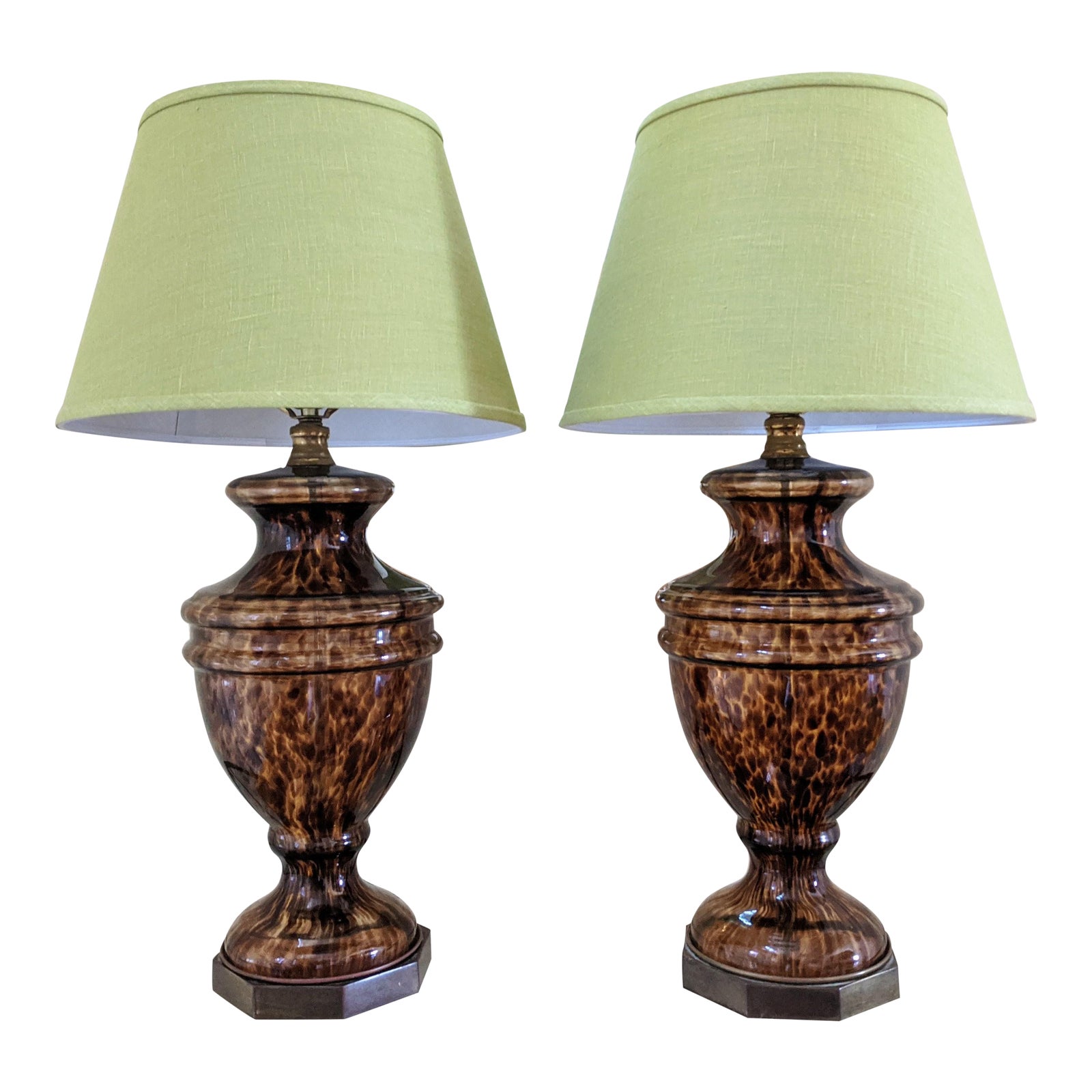 Pair Vintage Ethan Allen Glass Tortoiseshell Lamps With Chartreuse