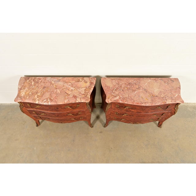 Brown Paul Sormani Style Antique French Provincial Louis XV Kingwood Inlaid Marquetry Marble Top Commodes With Mounted Ormolu | Pair For Sale - Image 8 of 15