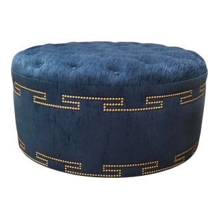 Modern Blue Tufted Round Ottoman For Sale