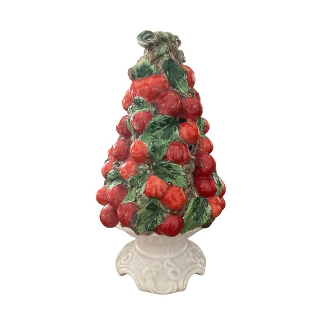 Mid 20th Century Vintage Italian Majolica Cherry Topiary / Ceramic / Trompe l'Oeil Cherries in Footed Pedestal Pot Centerpiece For Sale - Image 5 of 9