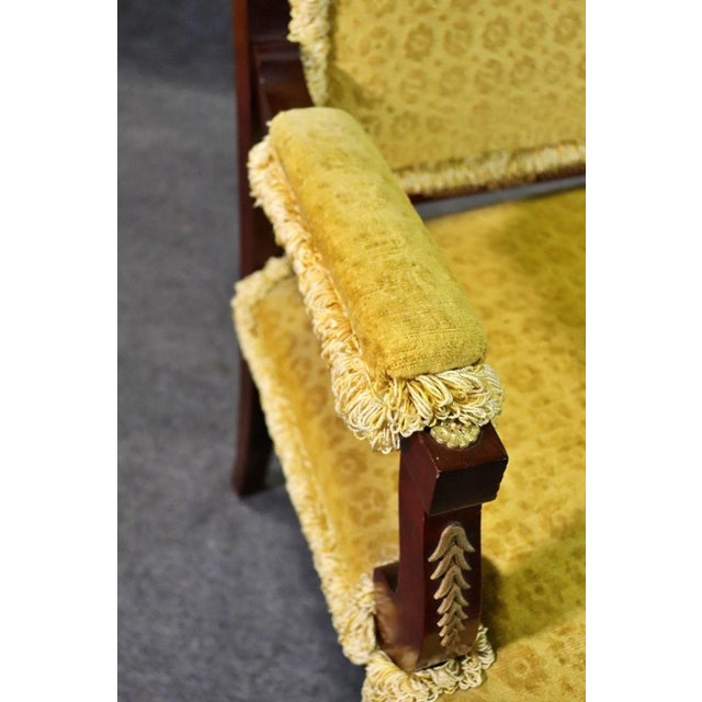 Solid Mahogany French Empire Bronze Mounted Settee. Upholstered. Wood. Brass mounts.