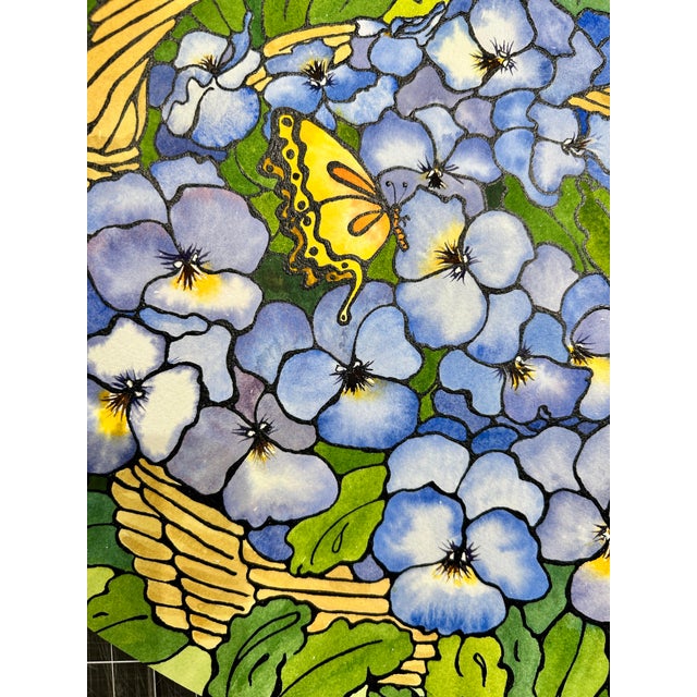 Original Watercolor Ink and Wash Painting of a “Basket of Violas” For Sale - Image 6 of 12