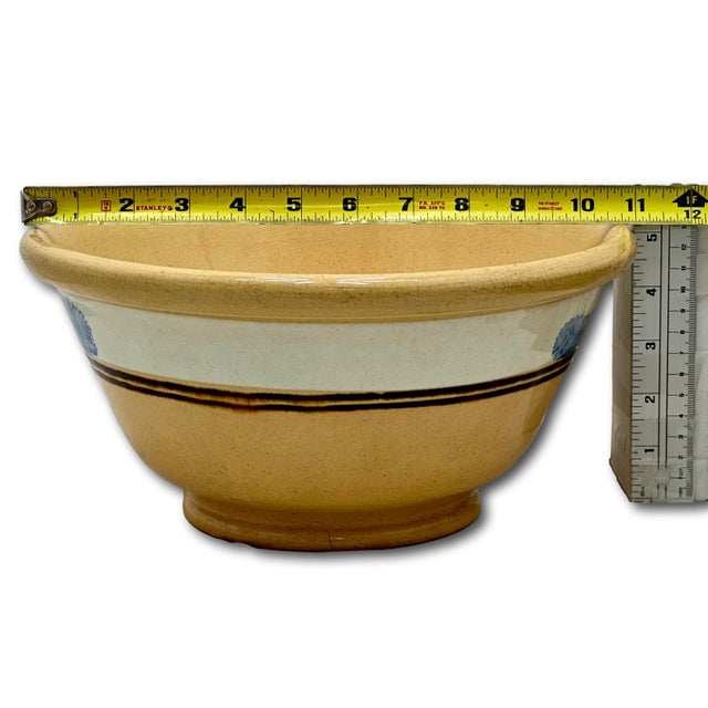 Nice Antique English Blue Seaweed Decorated & Banded Yellow Ware Kitchen Mixing Bowl - Circa Mid 19th Century For Sale - Image 18 of 18