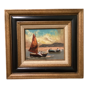 Vintage Seascape Painting on Canvas Sailboats W/Fisherman's Signed by Artist