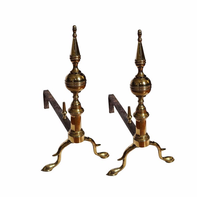 Metal Antique Brass Steeple Top Andirons - A Pair For Sale - Image 7 of 8