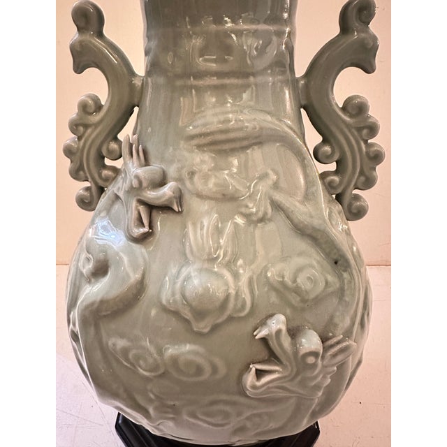 1990s Vintage Celadon Table Lamp With Dragon and Bird Motifs For Sale - Image 5 of 11