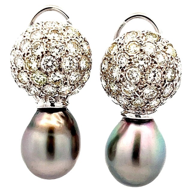 18K White Gold South Sea Gray Pearl & 3 Carat Diamond Earrings For Sale