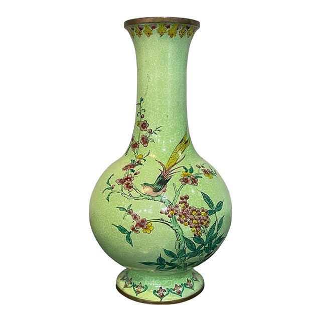 Antique Lime-Green Ground Famille Rose 'Bird and Flower' Vase For Sale
