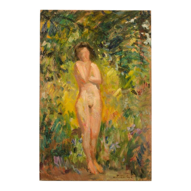 Early 20th Century "Nude in Nature" Expressionist Style Figurative Oil Painting by Jean Chaleye For Sale