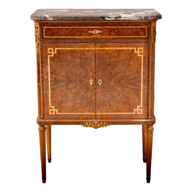 French Louis XVI Style Burl Walnut & Marquetry Cabinet With Breccia Marble Top and Bronze Mounts, Circa 1900–1920 For Sale