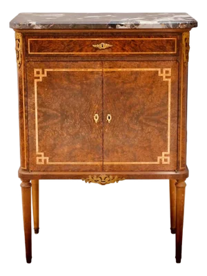 French Louis XVI Style Burl Walnut & Marquetry Cabinet With Breccia Marble Top and Bronze Mounts, Circa 1900–1920