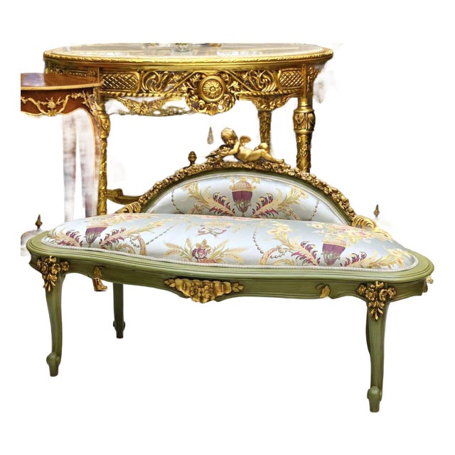 Antique French Style Gold Leaf Settee With Cherub Crest For Sale