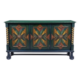 Artisan Hand-Painted Credenza with Geometric Star Inlay and Gilded Details For Sale