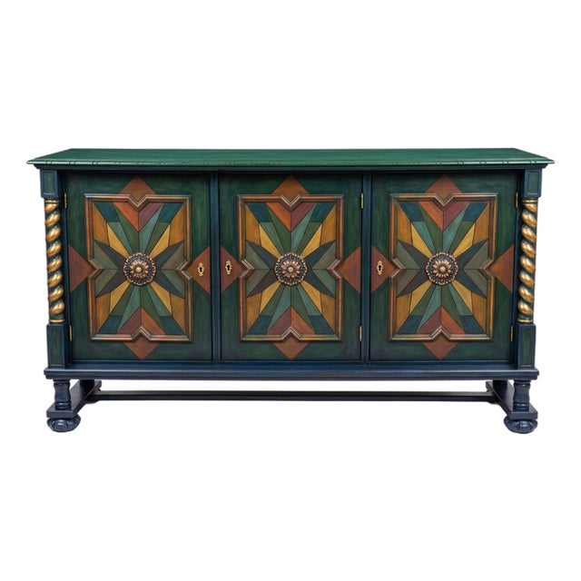 Artisan Hand-Painted Credenza with Geometric Star Inlay and Gilded Details For Sale