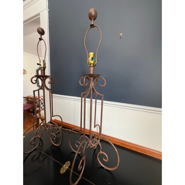 Spanish Revival Mid Century Spanish Revival Wrought Iron Table Lamps With Hand Forged Scrollwork For Sale - Image 3 of 8