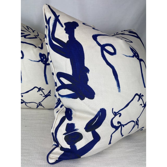 Custom pair of 22" pillows covered in Kelly O'Neil "Pablo" in indigo on bone. These pillows are self welted, have tapered...