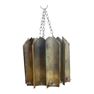 Brutalist Torch-Cut Patinated Brass Candle Lantern Chandelier Attributed to Tom Greene for Feldman Lighting c.1960s For Sale