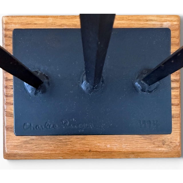 Black Signed Charles Ringer Kinetic Dual Trout / Salmon Cut Steel Brutalist Fish Sculpture Wood Base 1994 For Sale - Image 8 of 12