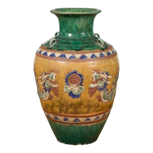 Annamese 19th Century Green Glazed Water Jar with Raised Dragon Motifs