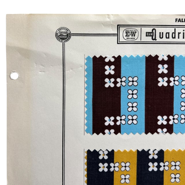An original Fall 1956 Quadriga Cloth textile sample sheet by E&W Brands, featuring four bold mid-century modern graphic...