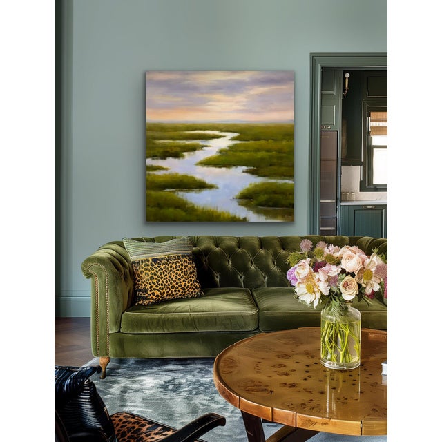 This original 48" x 48" acrylic painting features a serene winding tidal creek meandering through vibrant green marshlands...