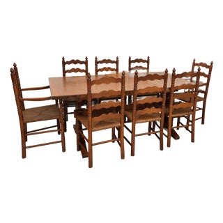 Vintage Tell City French Trestle Dining Table & 8 Rush-Seat Chairs For Sale