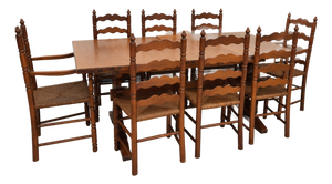 Vintage Tell City French Trestle Dining Table & 8 Rush-Seat Chairs