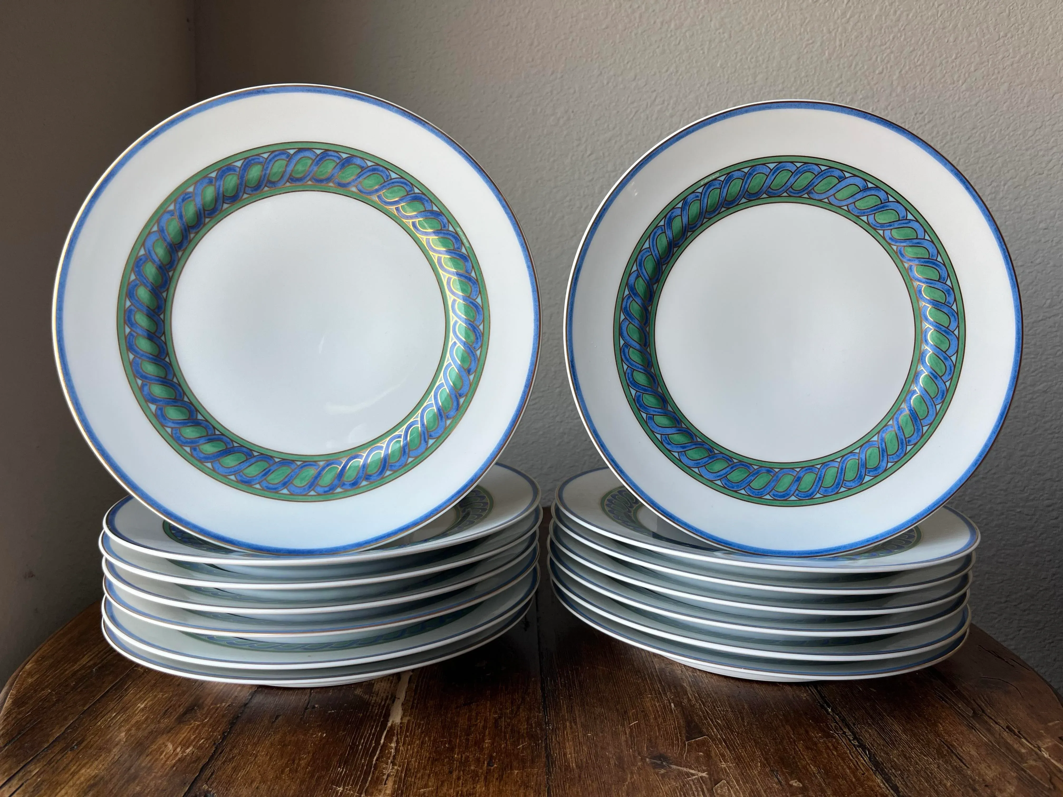 1990s Christofle Paris China Torsade Bleue Pattern Dinnerware Set