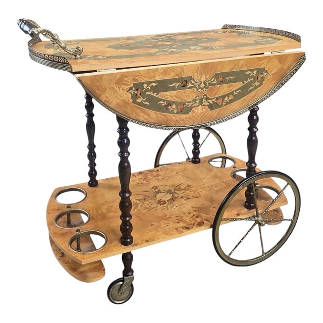 Vintage Italian Burl Marquetry Tea Bar Cart For Sale
