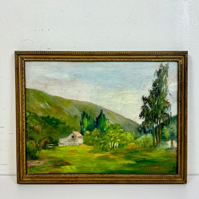 This is an Americana Folk Art Original Oil Painting by Mary S. Yani Loenen. The artist has painted a landscape of a...