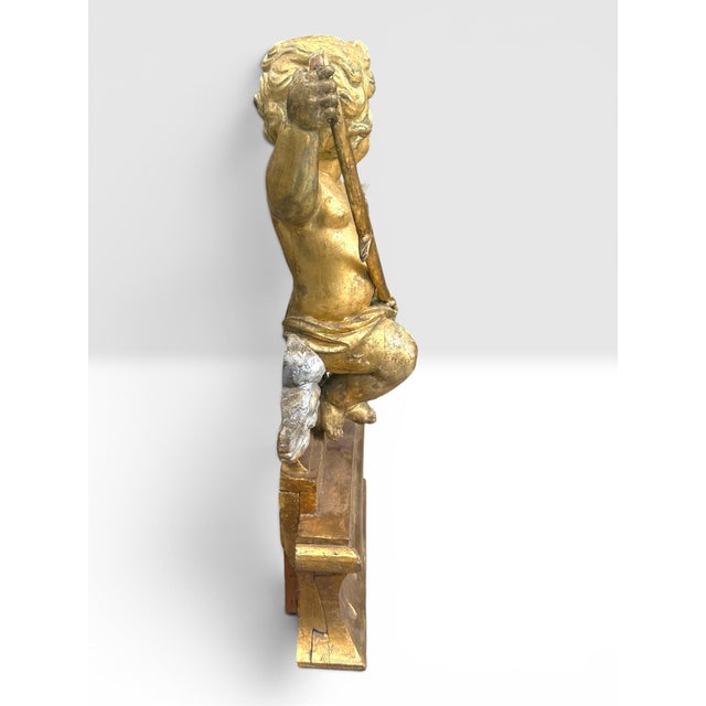 Baroque Large 18th C. Italian Baroque Carved, Gilded, Silvered Wood Putto Figure Seated. For Sale - Image 3 of 9