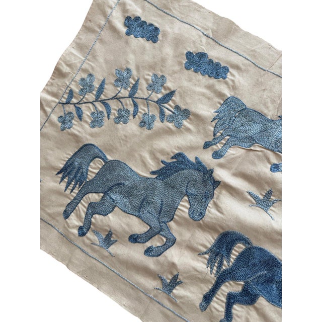 Blue Horse Suzani Wall Hanging, Smiling Sun For Sale - Image 4 of 5